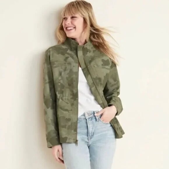 Old Navy Camouflage Green Utility Jacket Front Zip Woman's Large Tall - Picture 1 of 15